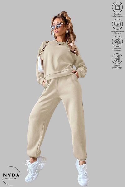 Nyda Collections Μπεζ φούτερ με λαιμόκοψη και σετ φόρμας Jogger Oversize - Raster Cotton