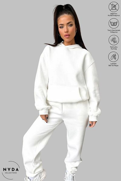 Nyda Collections Μπεζ φούτερ με κουκούλα και ελαστικό Jogger Sweatpants - Oversize βαμβακερό σετ φούτερ