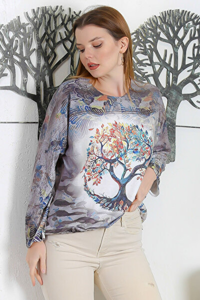 Chiccy Italian Multicolor Round Neck Long Sleeve Tied Digital Printed Casual Knitwear Blouse