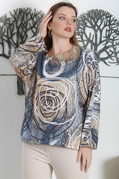 Chiccy Italian Multicolor Round Neck Long Sleeve Tied Digital Printed Casual Knitwear Blouse