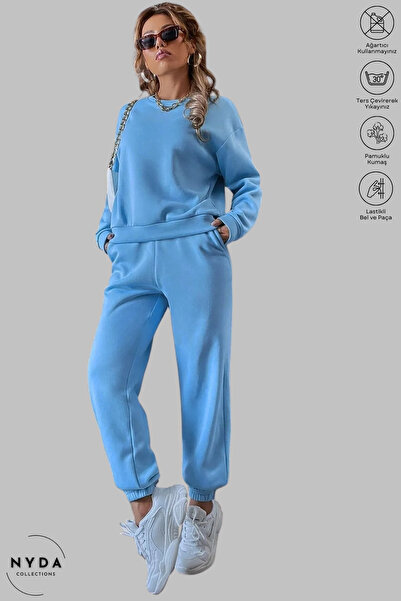 Nyda Collections Baby Blue Oversize βαμβακερή αθλητική φόρμα - φούτερ με λαιμόκοψη και Jogger Bottom