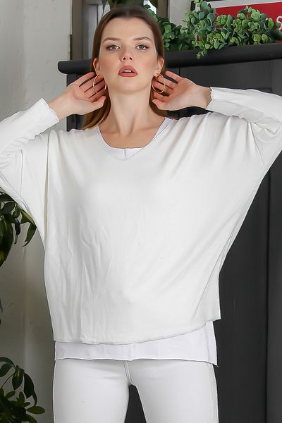 Chiccy Ecru V-Neck Bat Sleeve Σετ δύο πλεκτή μπλούζα casual