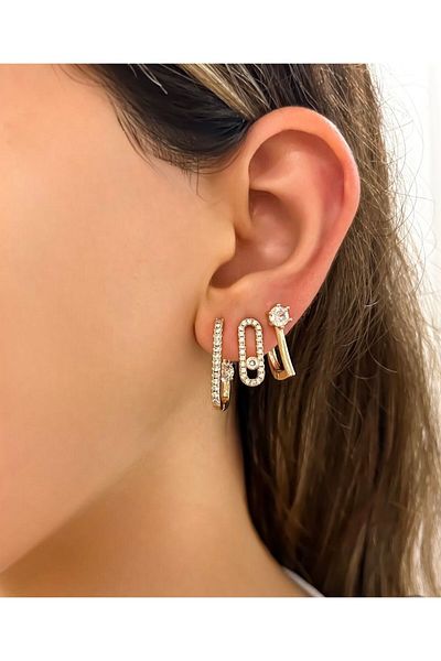 MELLS TAKI Gold Earrings 316L - Waterproof Steel, Stylish Design, Triple Single Stone Waterway