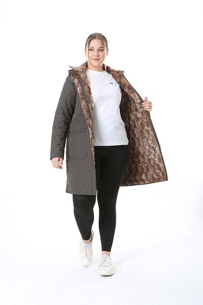 TUTveAL Collection Large Size Imported Soft Fur Coat - Rabbit Hair, Water Repellent, Quilted - Khaki Color