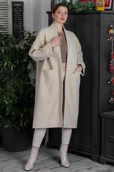 Chiccy Mânecă liliac cu guler kimono bej italian, fără închidere, buzunar ascuns, haină țesătă casual cu ștampilă