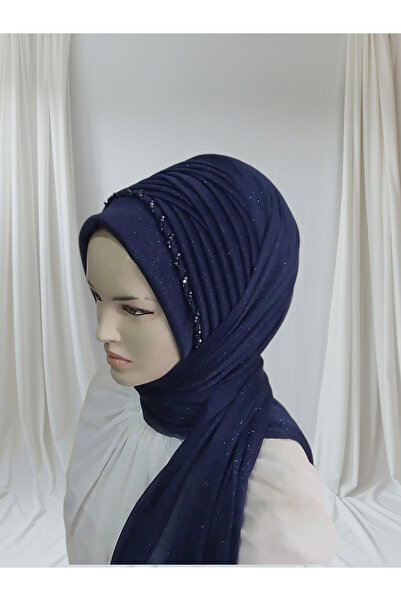NurAy Simli lacivert işlemeli hazır türban hazır şal abiye şal