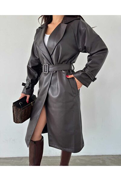 MAS BUTİK KADIN SUNİ BELİ KEMERLİ ASTARLI DERİ TRENÇKOT
