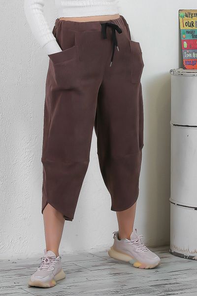 Chiccy Italian Brown Elastic and Tied Waist Short Leg Casual Velvet Wide Cut Woven Trousers