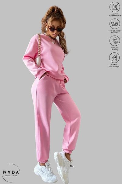 Nyda Collections Ροζ φούτερ με λαιμόκοψη και σετ φόρμας Jogger Oversize - Βαμβακερό