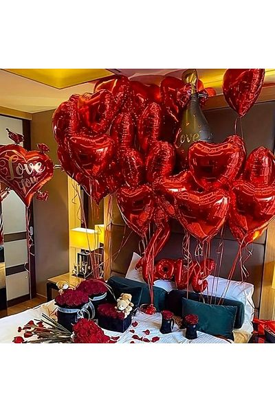 CUGY Romantic Birthday Set Heart Balloons & Love Written Red Concept Party Celebration Set