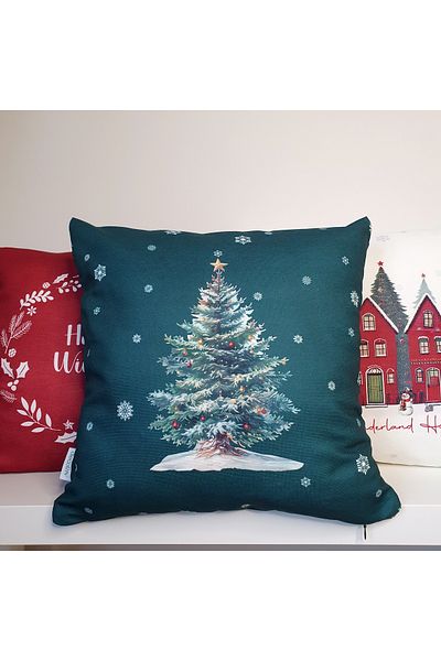 DECO Pine Tree Pattern Petrol Green Throw Pillow Cover Christmas Concept