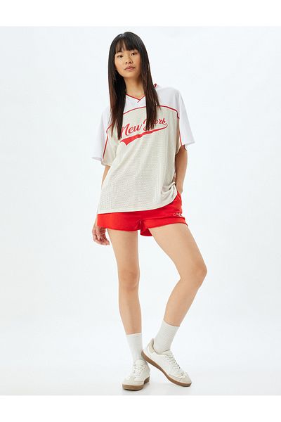 Koton V-Neck College Printed Oversize T-Shirt - Short Sleeve