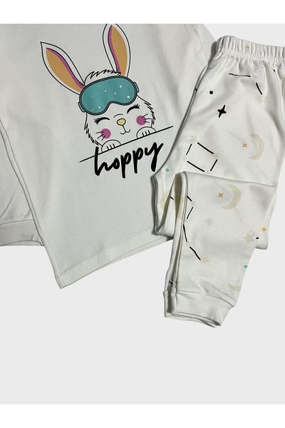 elmas kids Girl's 100% Cotton White Rabbit Moon Star Patterned Long Sleeve Pajama Set