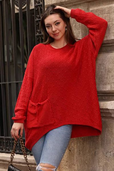 AYASOFYA OTANTIK Women's Red Round Collar Patterned Bag Pocket Antique Loose Oversize Cotton Knitwear Blouse Sweater