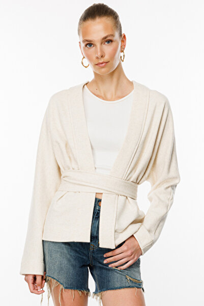 Denim Trip Kuşaklı Keten Karışımlı Krem Kadın Kimono Hırka