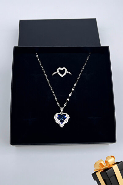 TREND COLLECTİON Kadın Paslanmaz Çelik Gümüş Zirkon Taşlı Kalp Kolye Yüzük Set (Hediyelik)
