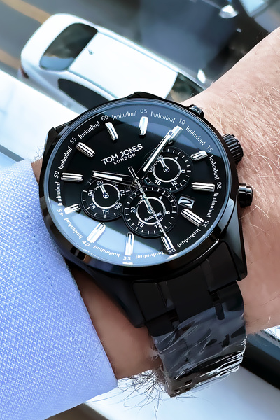 Tom Jones ساعة يد رجالية 3 اتم مقاومة للماء لون اسود سوار فولاذي Agr253