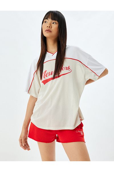 Koton V-Neck College Printed Oversize T-Shirt - Short Sleeve