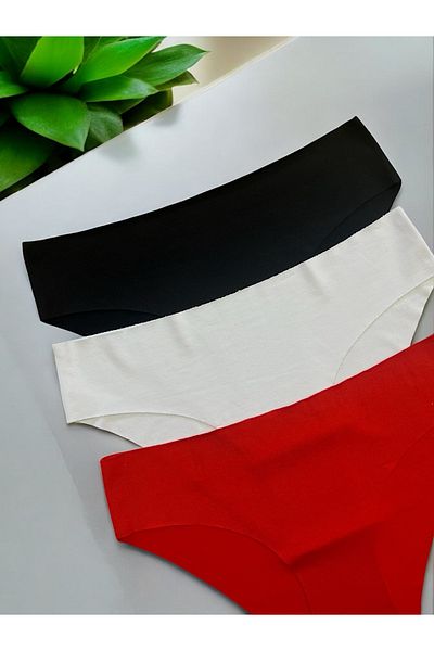 randevu Women's 3-Piece Set Laser Cut Seamless Lycra Non-Marking Slip Bikini Panties Red Black White