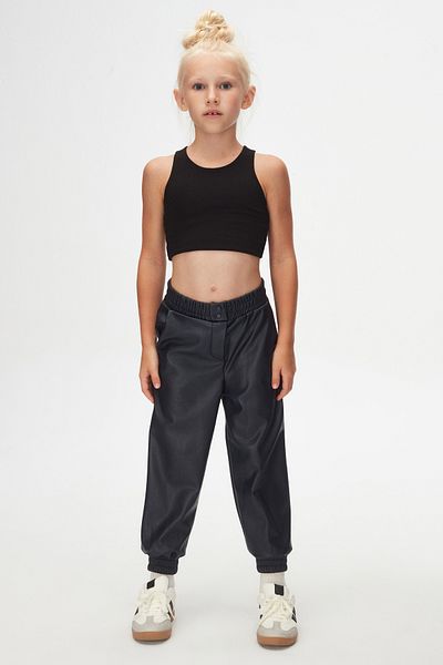 LOVETTI Dark Navy Girls' Winter Leather Pants with Snap Fastener and Drawstring