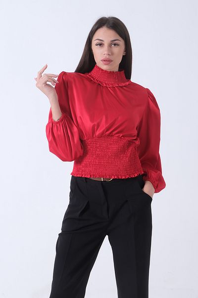 Feminist Red Satin Oversize Blouse - Collar and Skirt Gipeli 3972990