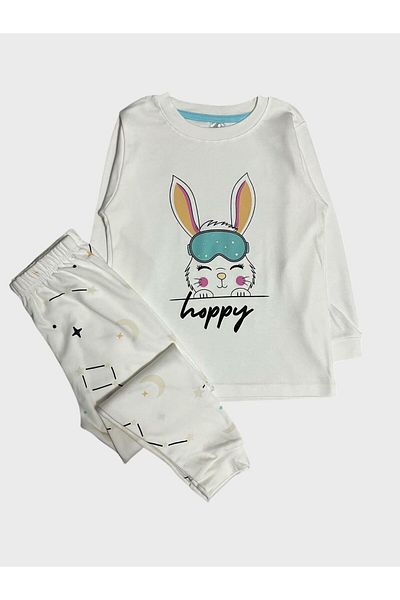 elmas kids Girl's 100% Cotton White Rabbit Patterned Long Sleeve Pajama Set