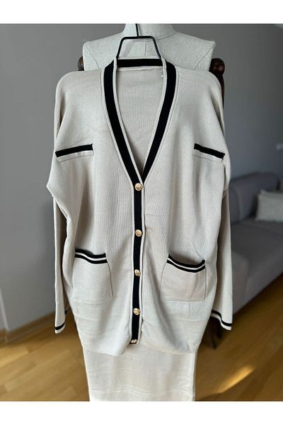 Natavanbutık Beige Yellow Buttoned Cardigan Skirt Knitwear Set