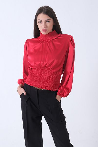 Feminist Red Satin Oversize Blouse - Collar and Skirt Gipeli 3972990