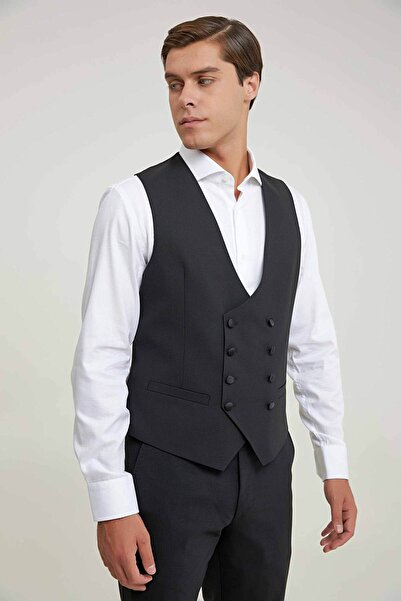 Tween Slim Fit Siyah Düz Yünlü Kruvaze Yelek