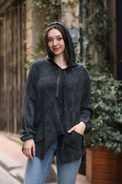 AYASOFYA OTANTIK Bluză de pulover pentru femei, neagră, cu glugă, cu buzunar, fustă triunghiulară, tricotată din bumbac