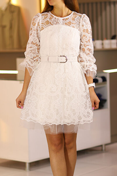 PELTEX Beyaz Tamamı Dantel Kısa Boy Uzun Kol Abiye Isteme Nişan Söz After Parti Bride Mezuniyet Kısa Elbise