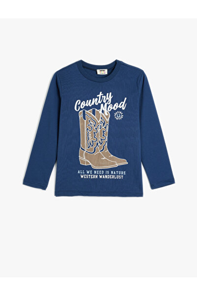 Koton Baumwoll-Langarm-T-Shirt – Cowboystiefel mit Aufdruck, Rundhalsausschnitt