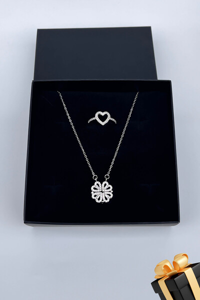 TREND COLLECTİON Kadın Paslanmaz Çelik Gümüş Zirkon Taşlı Yonca Kolye ve Kalp Yüzük Set (Hediyelik)