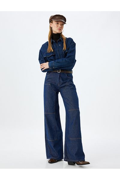 Koton Jeans mit weitem Bein, Nähte, detaillierte Taschen, Knöpfe, normale Taille – Jeans mit weitem Bein