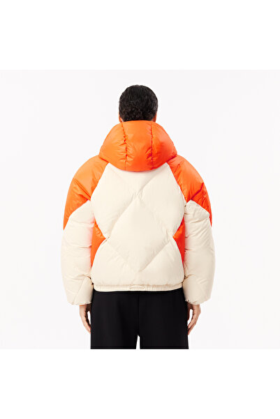 Lacoste Kadın Oversize Fit Kapüşonlu Renk Bloklu Krem Şişme Mont
