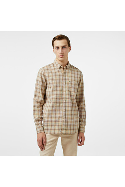 Lacoste Erkek Regular Fit Düğmeli Yaka Ekose Kahverengi Gömlek
