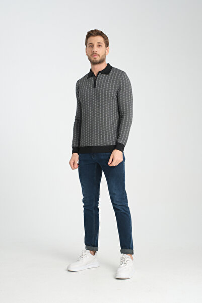 GW Apia Чоловічий трикотажний светр з довгими рукавами, коміром-поло, застібкою-блискавкою та рельєфною фактурою