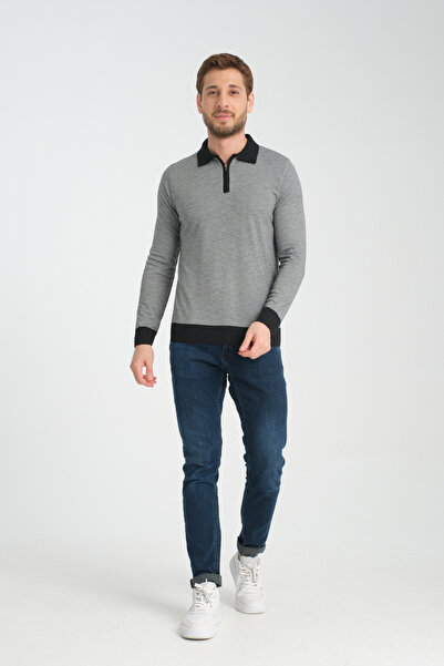 GW ASAU Чоловічий трикотажний светр з довгими рукавами, коміром-поло, застібкою-блискавкою та рельєфним візерунком