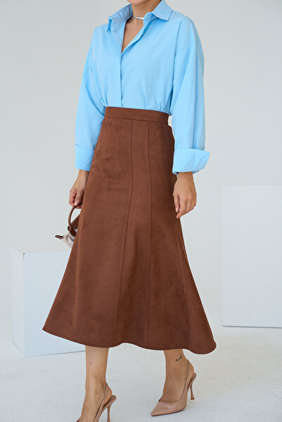 LOOSH Fusta maxi din piele intoarsa cu cusaturi cu talie inalta de culoare maronie