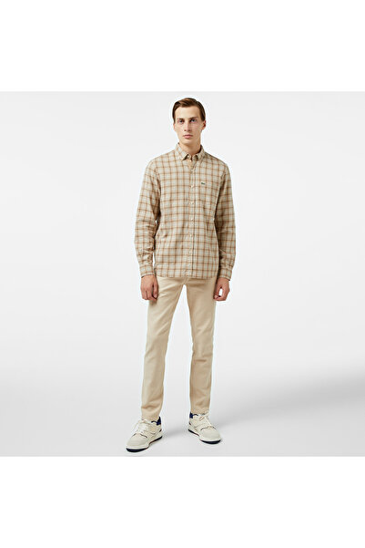 Lacoste Erkek Regular Fit Düğmeli Yaka Ekose Kahverengi Gömlek