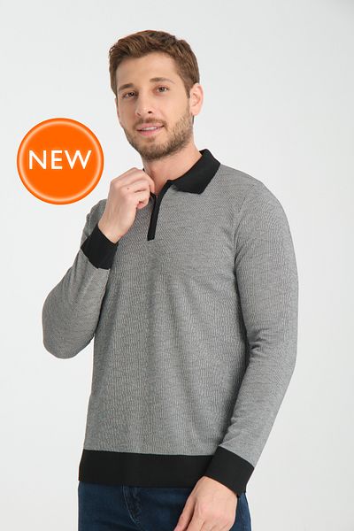 GW ASAU Pulover pentru bărbați, cu textura jacquard, slim fit, cu gât polo, cu fermoar, cu mânecă lungă