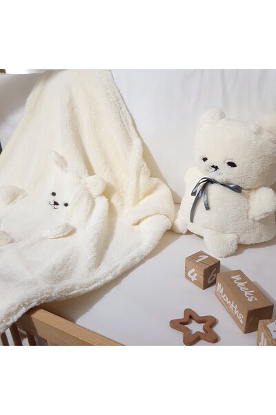 bebek_iklimi Soft Plush Cream Blanket - with Teddy Bear, Best Birth Gift