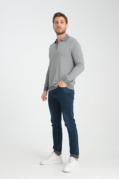 GW Apia Чоловічий трикотажний светр з довгими рукавами, коміром-поло, застібкою-блискавкою та рельєфною фактурою