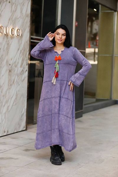 AYASOFYA OTANTIK Women's Purple Long Sleeve Antique Loose Cotton Knitwear Dress