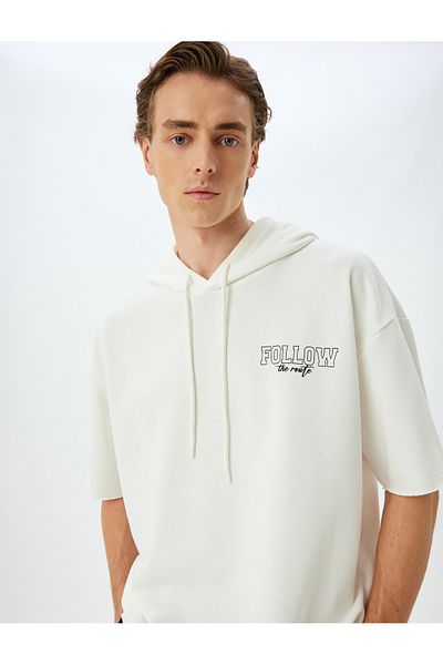 Koton Oversize Hooded Cotton Blend - Slogan Printed Sports φούτερ, μισό μανίκι