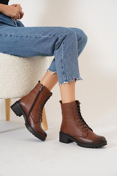 Moda Pie Γυναικείες μπότες από γνήσιο δέρμα σε Tan χρώμα - Flat Tied