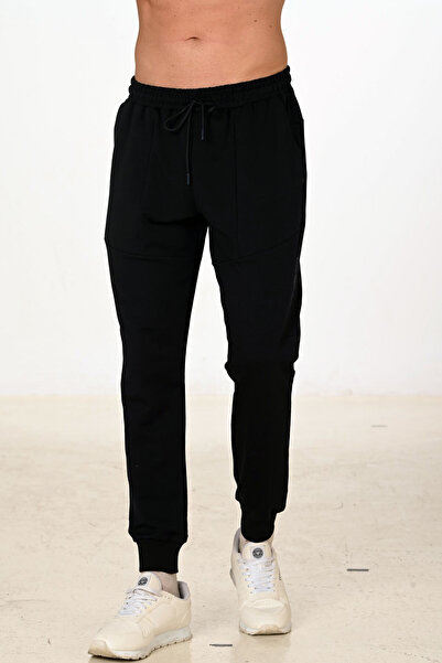 Marco Ferry Men's Black Ribbed Cotton Sweatpants with Elastic Waist and Pocke...
