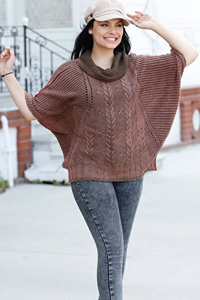 AYASOFYA OTANTIK Γυναικείο πουλόβερ με καφέ σάλι με πλεκτό γιακά με μανίκια νυχτερίδας, χαλαρό βαμβακερό πλεκτό πουλόβερ