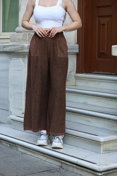 AYASOFYA OTANTIK Women's Brown Elastic Waist Pocket Detailed Antique Loose Cotton Wide Leg Knitwear Trousers
