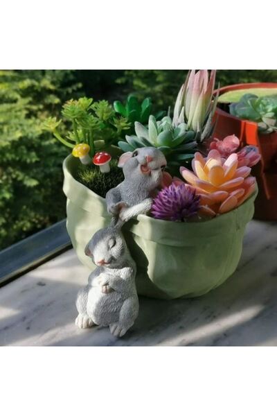 TAŞDEVRİLIFE Sepetten Sarkan Sevimli Tavşanlar Dekoratif Saksı 2